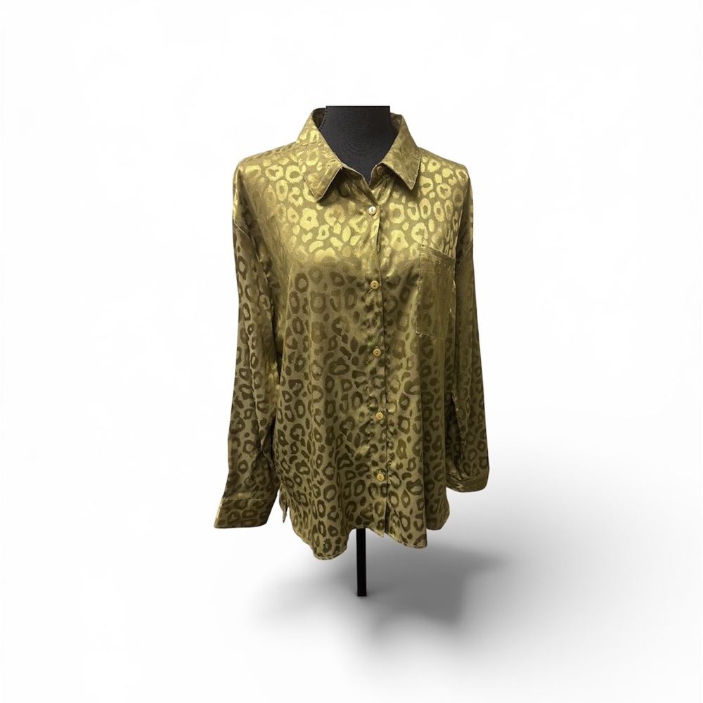 Umgee Army Green Leopard Satin Blouse Button Front Chic Top Large Trendy - Picture 1 of 9